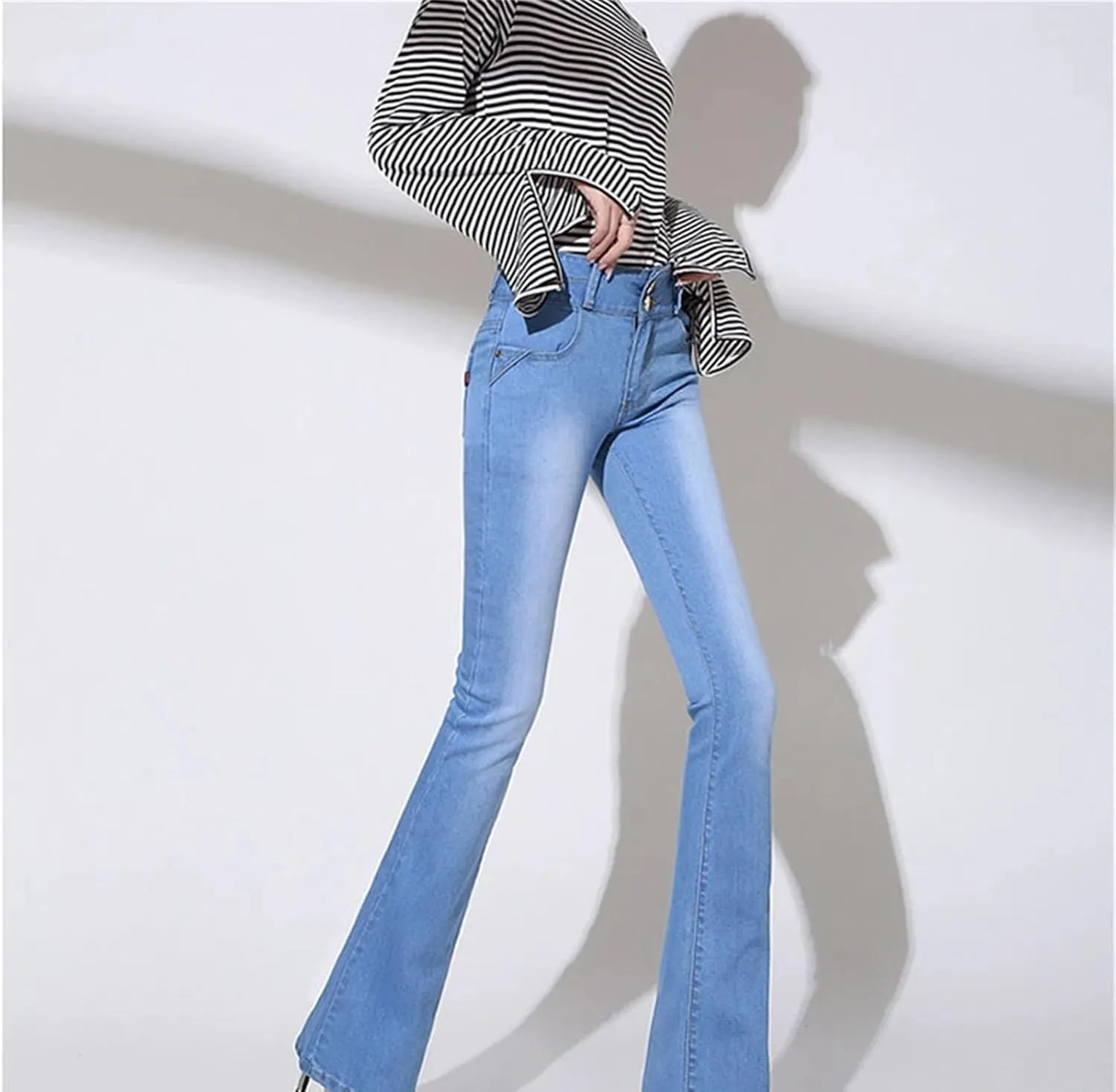 Women Oversized Slim Flare Denim Pants High Waist Skinny Jeans Casual Stretch Trousers