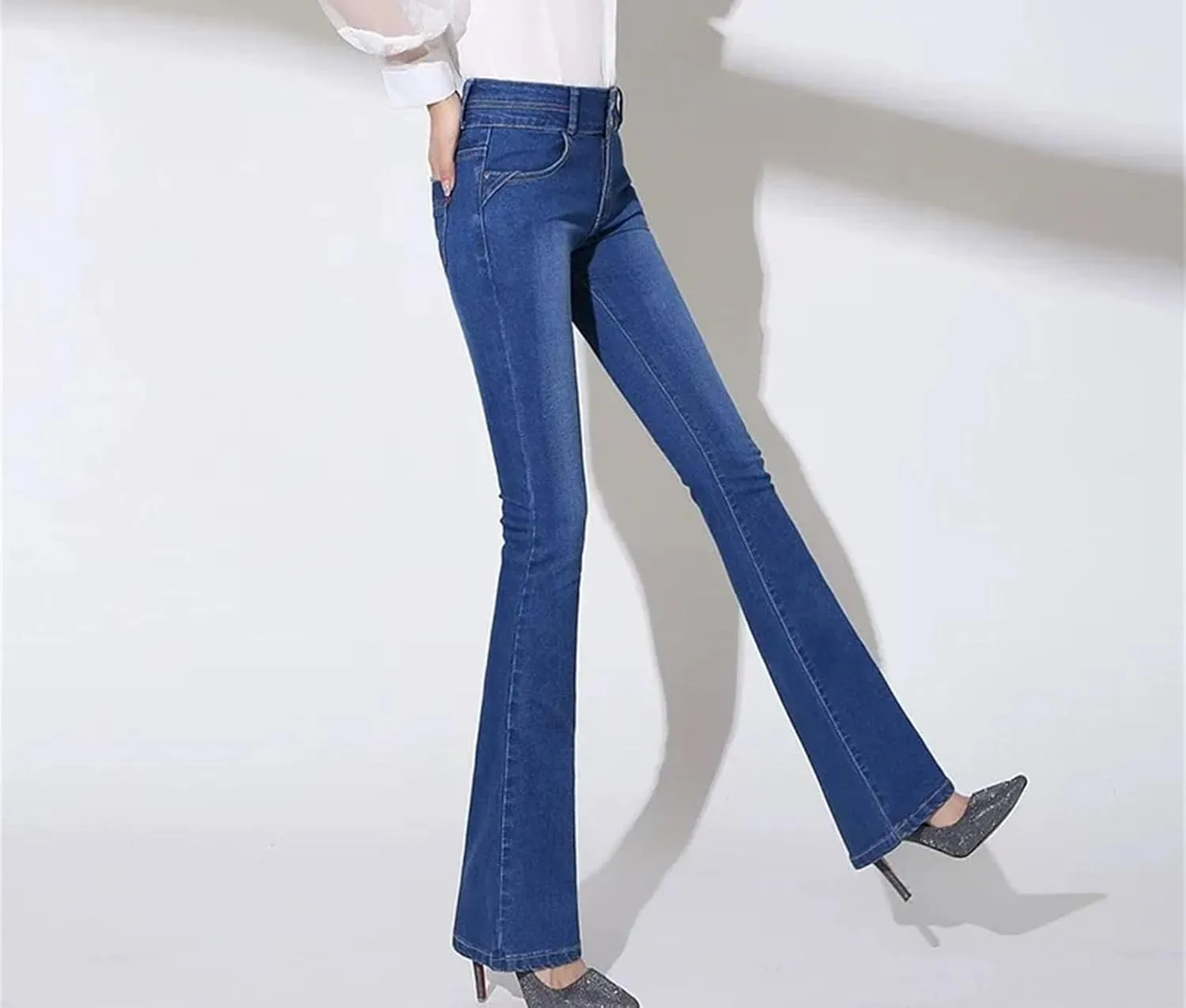 Women Oversized Slim Flare Denim Pants High Waist Skinny Jeans Casual Stretch Trousers