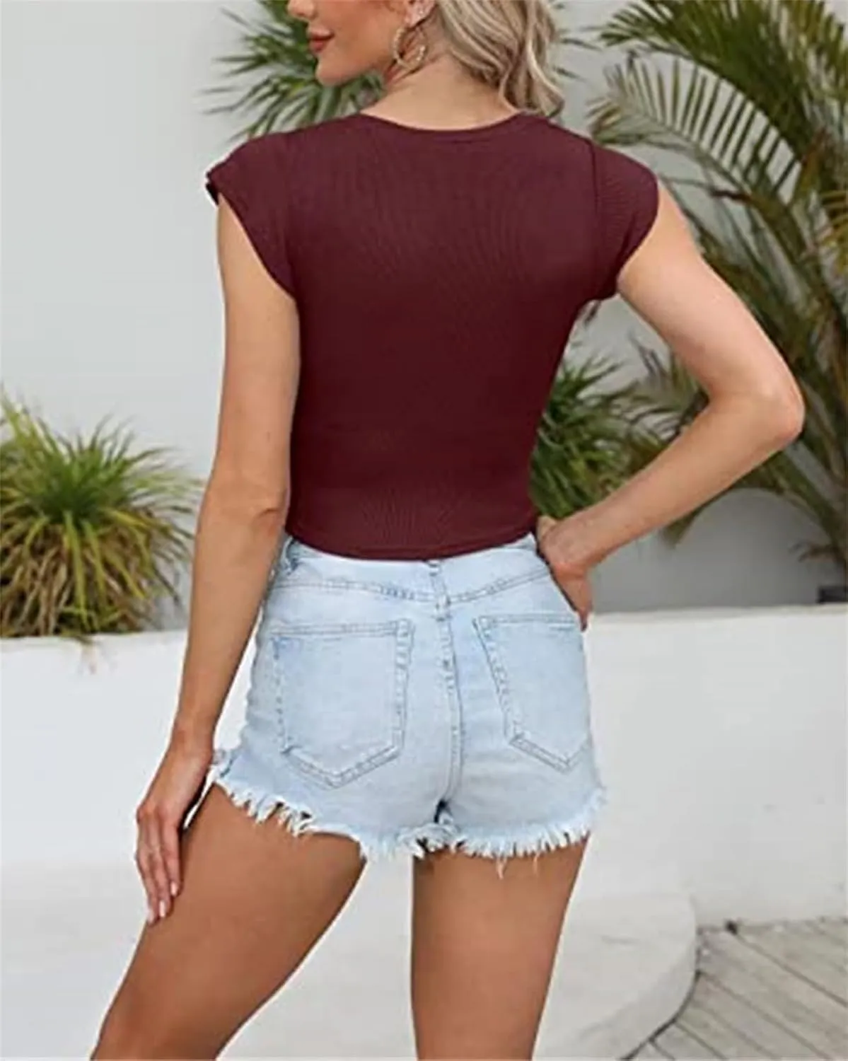 Women Ribbed Knit Crop Tops Basic Short Sleeve V Neck Seamless Slim Fit Tee Shirt Y2k Summer Going Out Streetwear