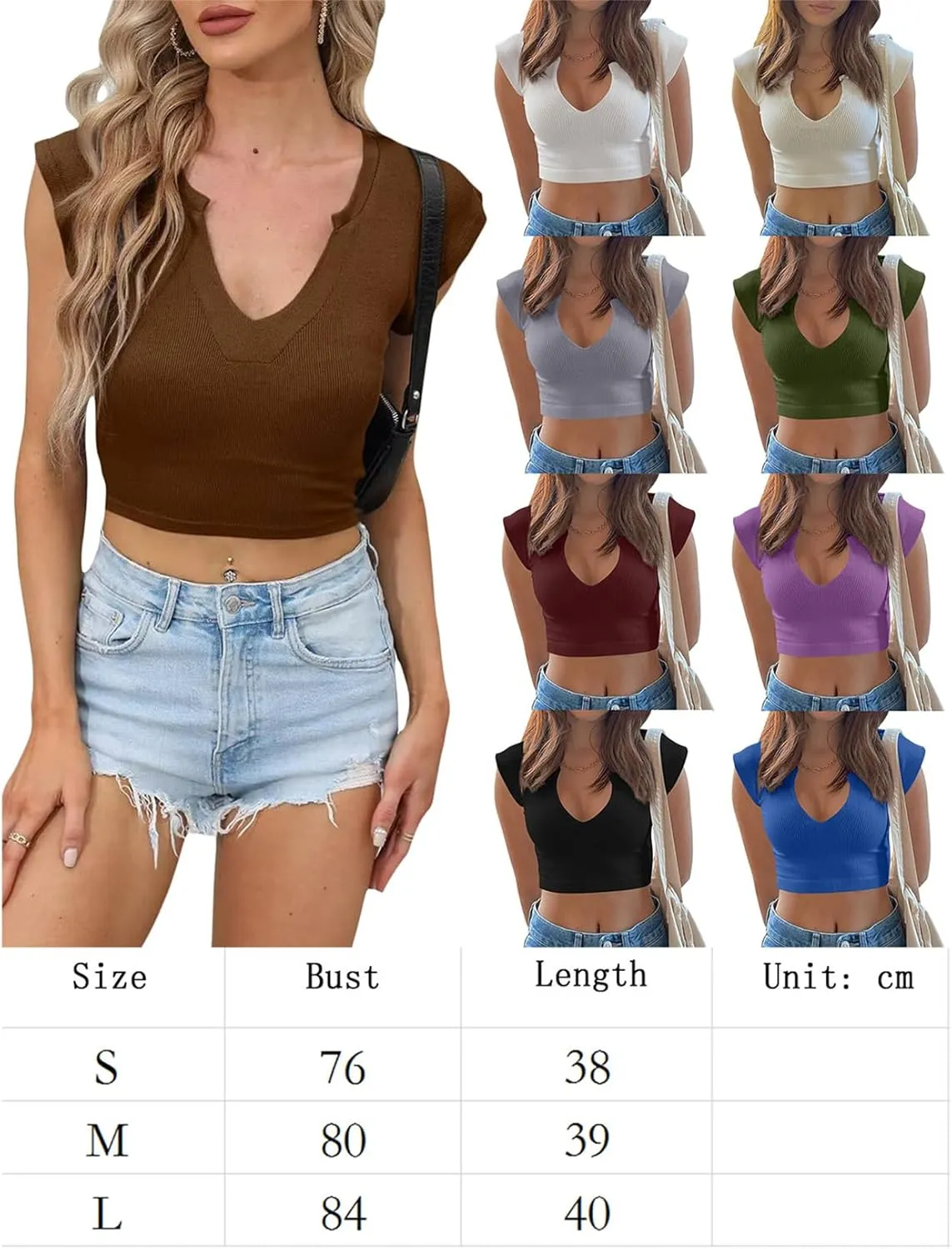 Women Ribbed Knit Crop Tops Basic Short Sleeve V Neck Seamless Slim Fit Tee Shirt Y2k Summer Going Out Streetwear