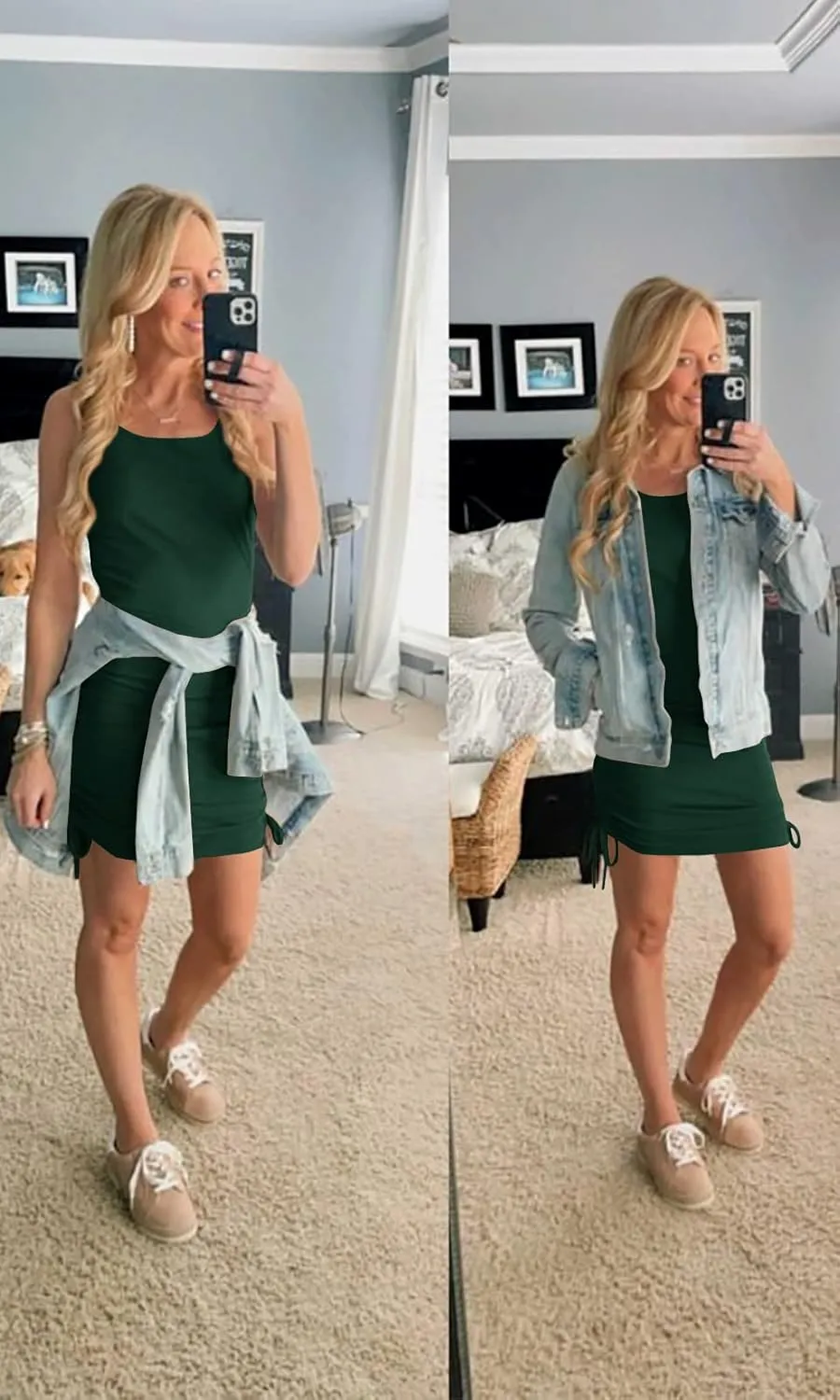 Women Ruched Bodycon Dress Drawstring Tank Dresses Ribbed Summer Mini Dress