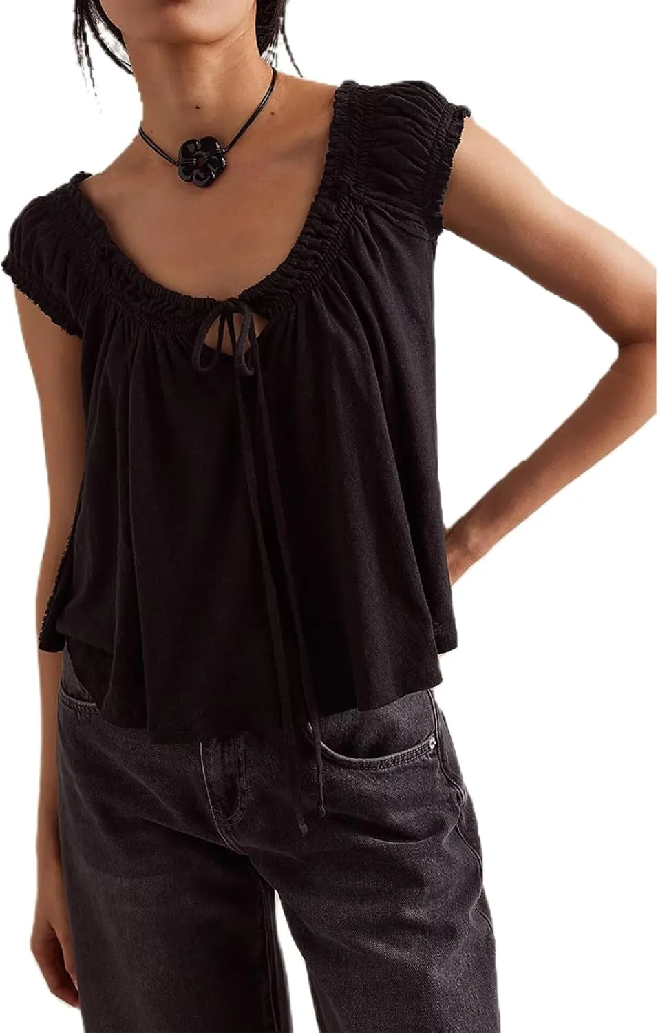 Women Ruffle Tie Front Babydoll Tops Summer Flowy Short Sleeve Peplum Top Boho Y2k Loose Fit Going Out Peasant Blouse