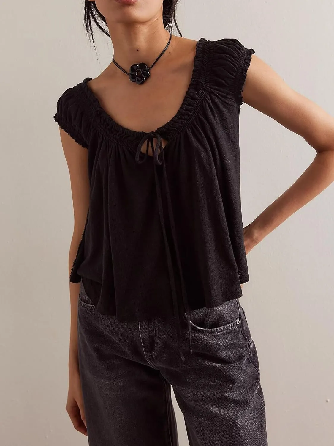 Women Ruffle Tie Front Babydoll Tops Summer Flowy Short Sleeve Peplum Top Boho Y2k Loose Fit Going Out Peasant Blouse