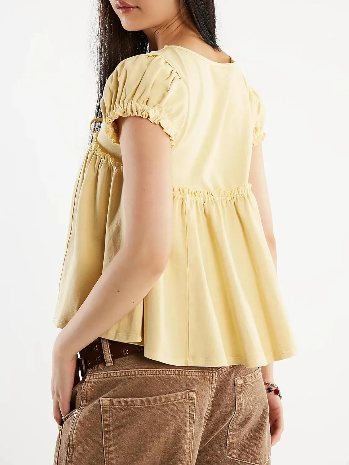 Women Ruffle Tie Front Babydoll Tops Summer Flowy Short Sleeve Peplum Top Boho Y2k Loose Fit Going Out Peasant Blouse