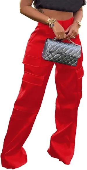 Women Satin Cargo Pants High Waisted Straight Wide Leg Casual Pants Multi Pockets Club Y2k Trousers