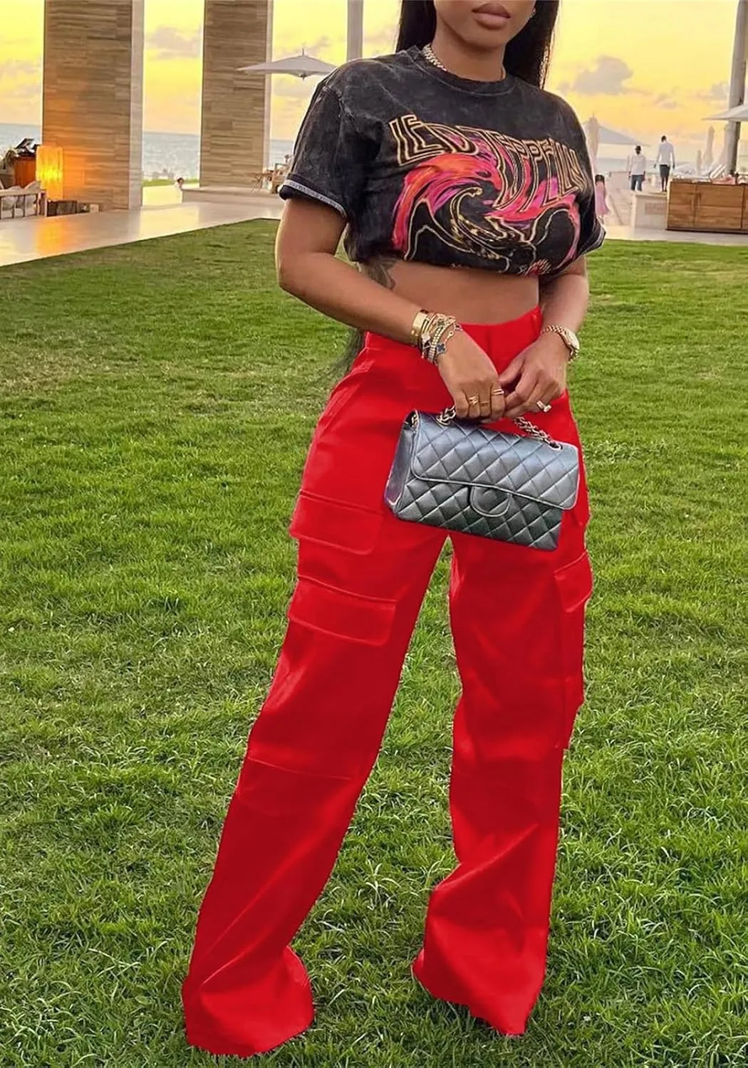 Women Satin Cargo Pants High Waisted Straight Wide Leg Casual Pants Multi Pockets Club Y2k Trousers