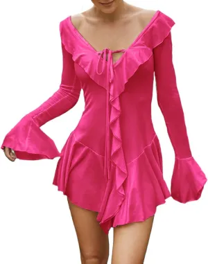 Women Sexy V Neck Tie Front Ruffle Mini Dress Autumn Long Sleeve Casual Slim Fit Solid Ruched Bodycon Short Dress