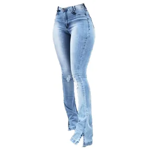 Women Skinny Ripped Bell Bottom Jeans High Waisted Split Hem Flared Denim Pants Distressed Wide Leg Jean Trouser (Light Blue,Small)