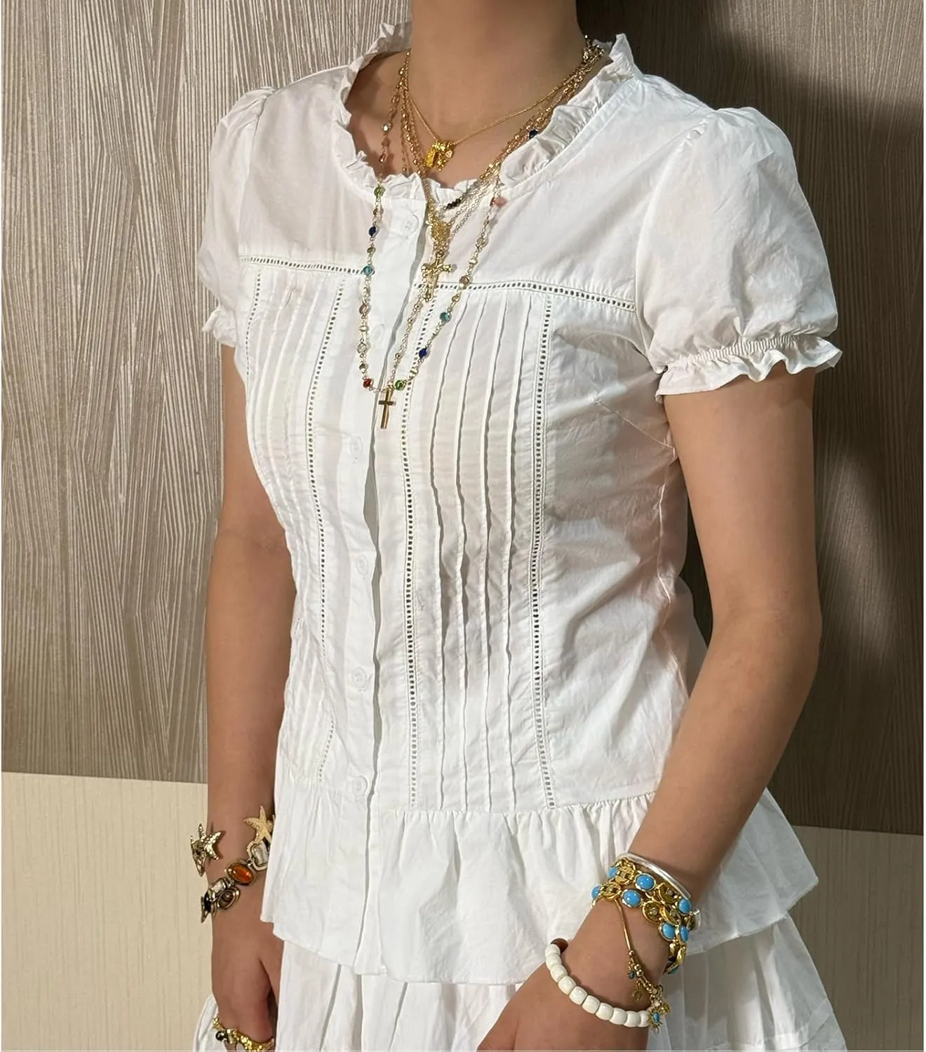 Women Solid Color Crop Top Lace Short Sleeve Patchwork T-Shirt Aesthetic Fairy Slim Fit Button Down Blouse