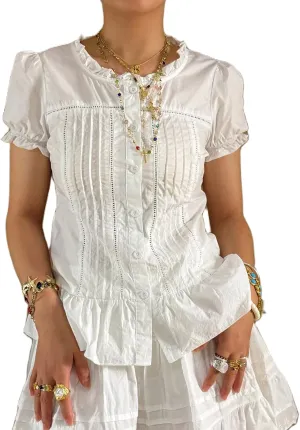 Women Solid Color Crop Top Lace Short Sleeve Patchwork T-Shirt Aesthetic Fairy Slim Fit Button Down Blouse