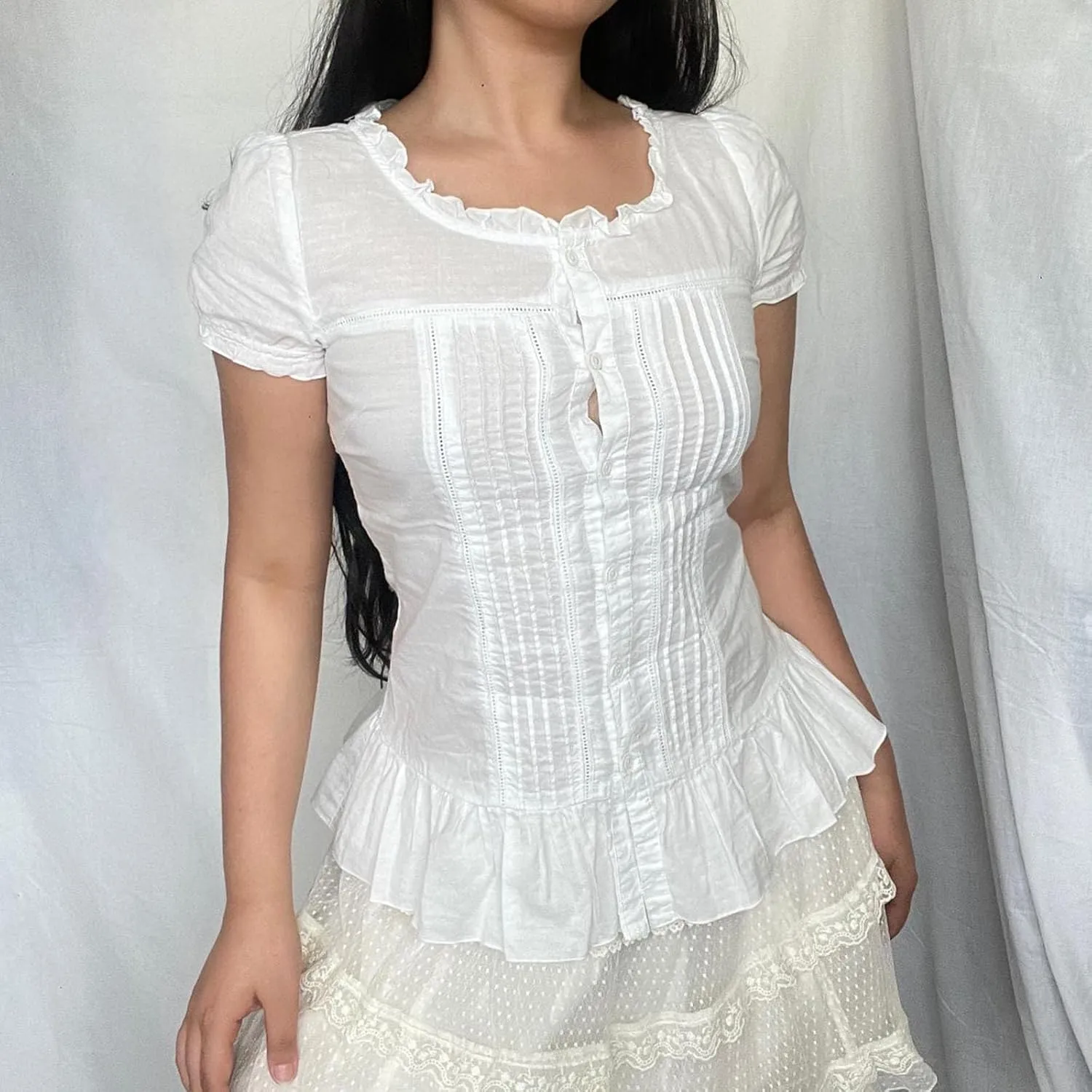 Women Solid Color Crop Top Lace Short Sleeve Patchwork T-Shirt Aesthetic Fairy Slim Fit Button Down Blouse