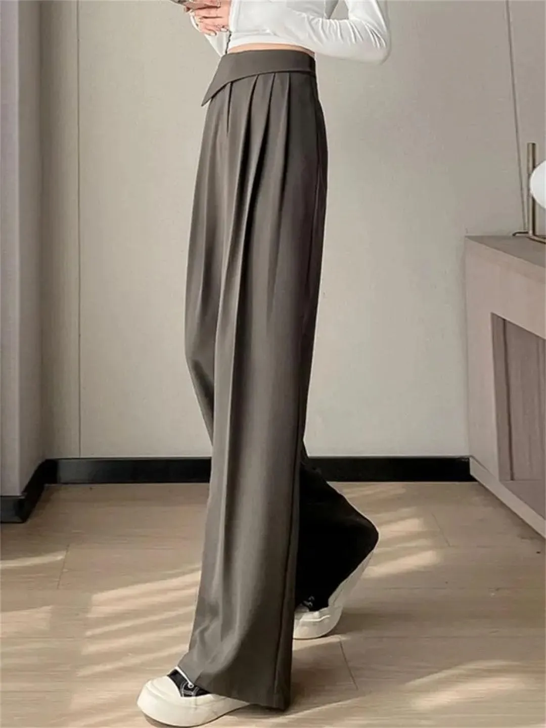 Women Solid Pleated Wide Leg Pants High Waist Pockets Loose Casual Straight Trousers