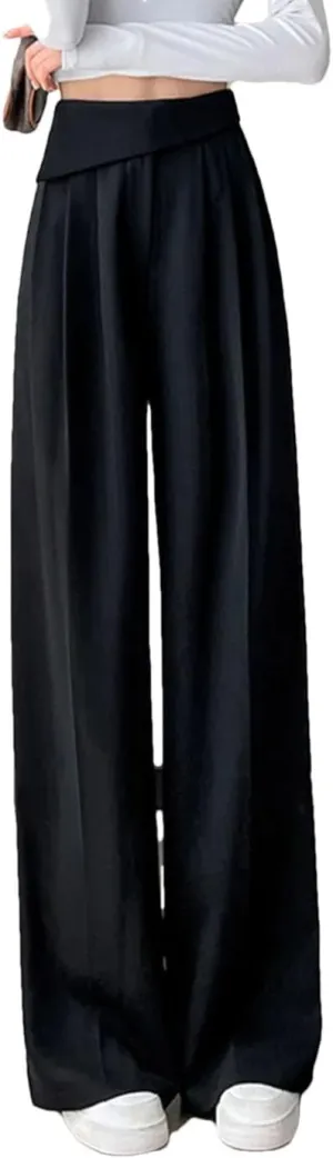 Women Solid Pleated Wide Leg Pants High Waist Pockets Loose Casual Straight Trousers
