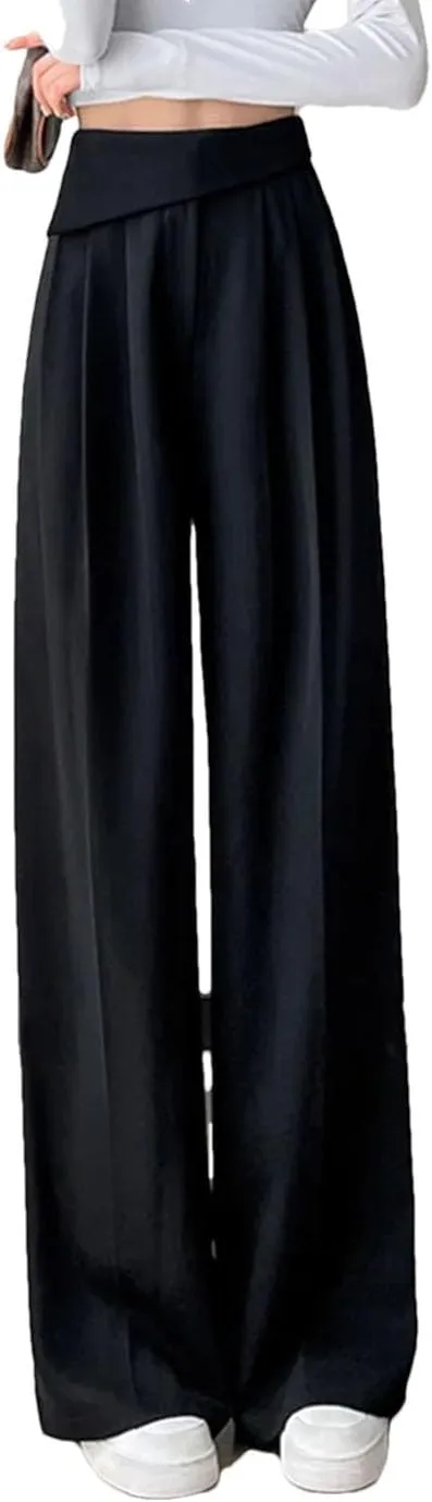 Women Solid Pleated Wide Leg Pants High Waist Pockets Loose Casual Straight Trousers