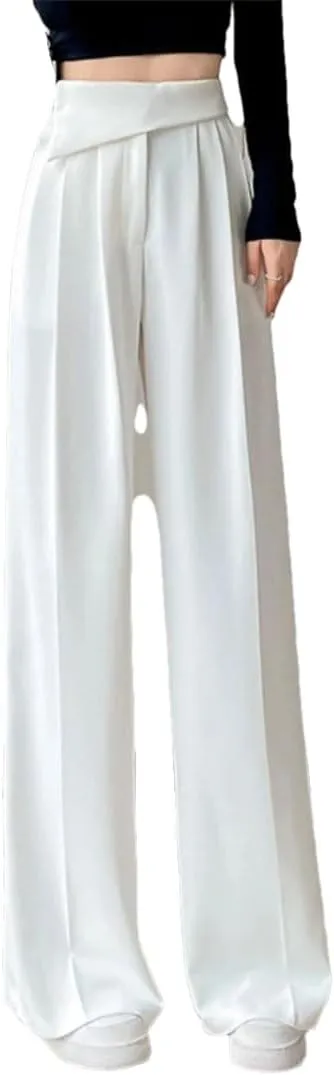 Women Solid Pleated Wide Leg Pants High Waist Pockets Loose Casual Straight Trousers