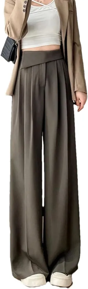 Women Solid Pleated Wide Leg Pants High Waist Pockets Loose Casual Straight Trousers
