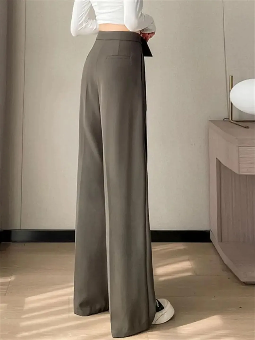 Women Solid Pleated Wide Leg Pants High Waist Pockets Loose Casual Straight Trousers