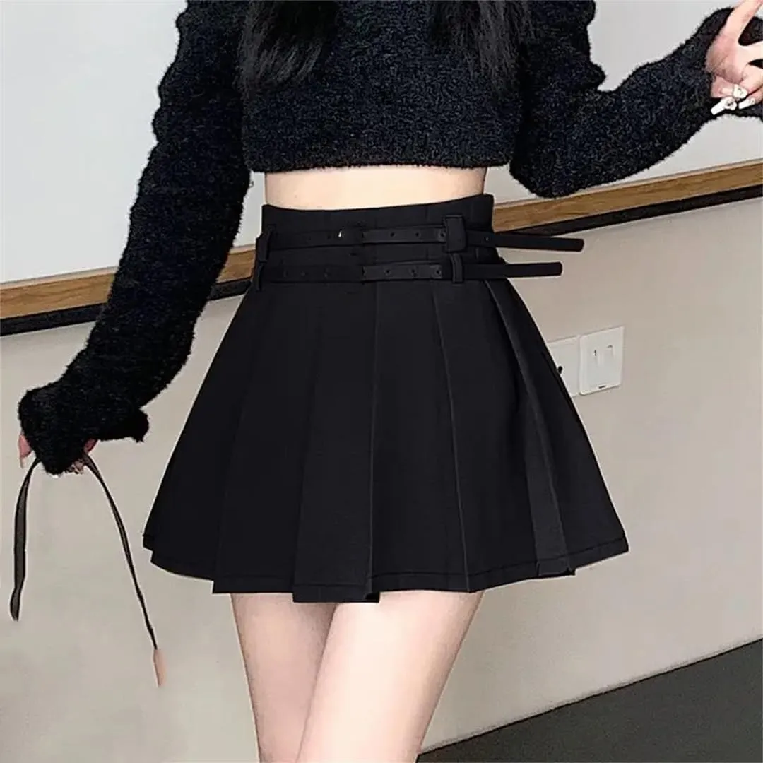 Women Spring Summer Pleated Sexy Mini Skirts High Waist Casual Golf Skirts with Double Belt