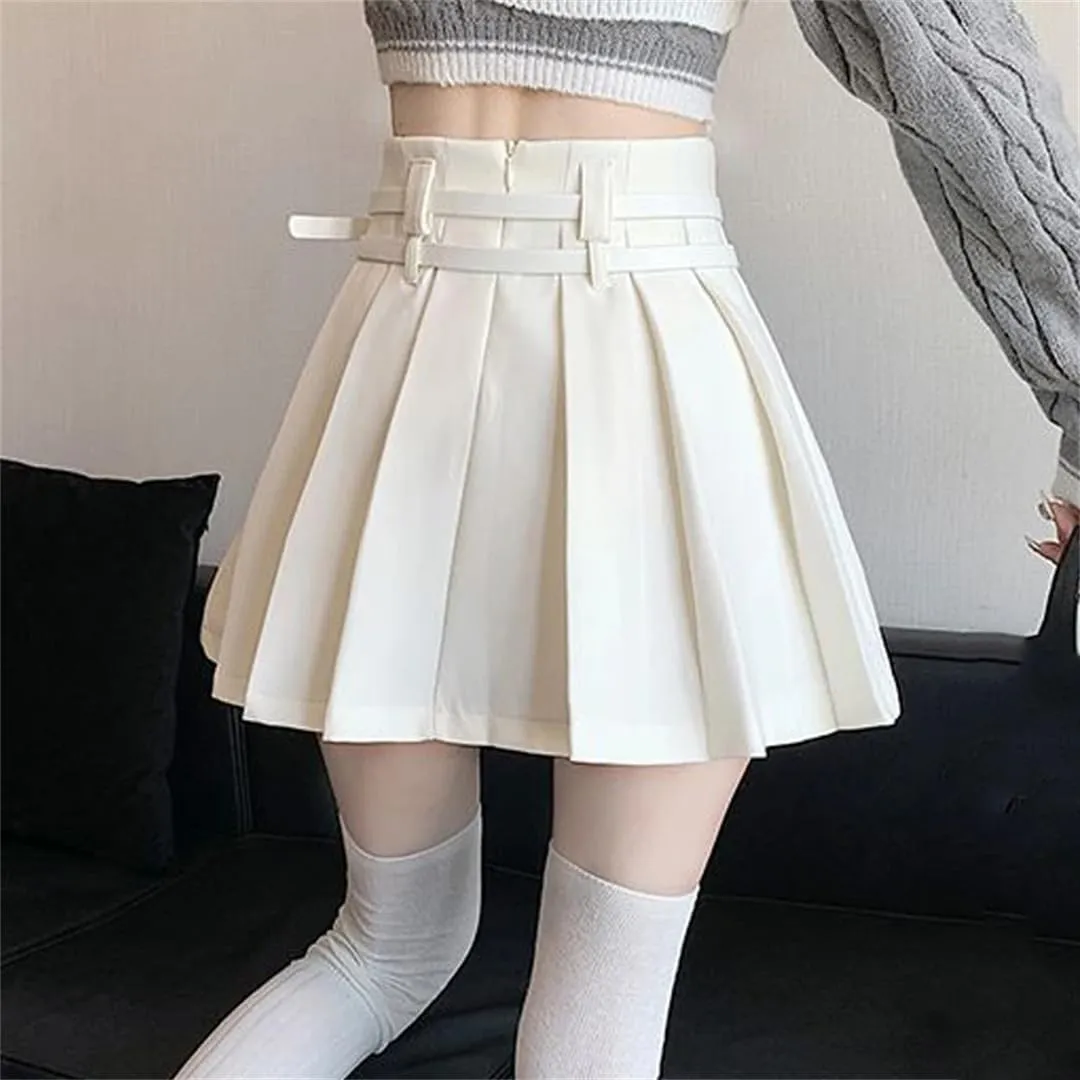 Women Spring Summer Pleated Sexy Mini Skirts High Waist Casual Golf Skirts with Double Belt