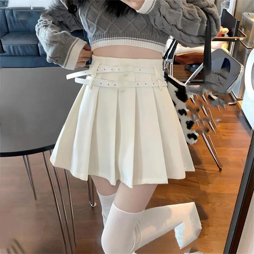 Women Spring Summer Pleated Sexy Mini Skirts High Waist Casual Golf Skirts with Double Belt
