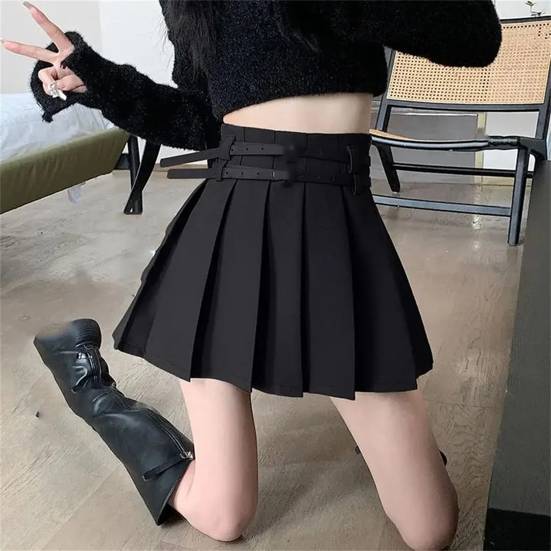 Women Spring Summer Pleated Sexy Mini Skirts High Waist Casual Golf Skirts with Double Belt