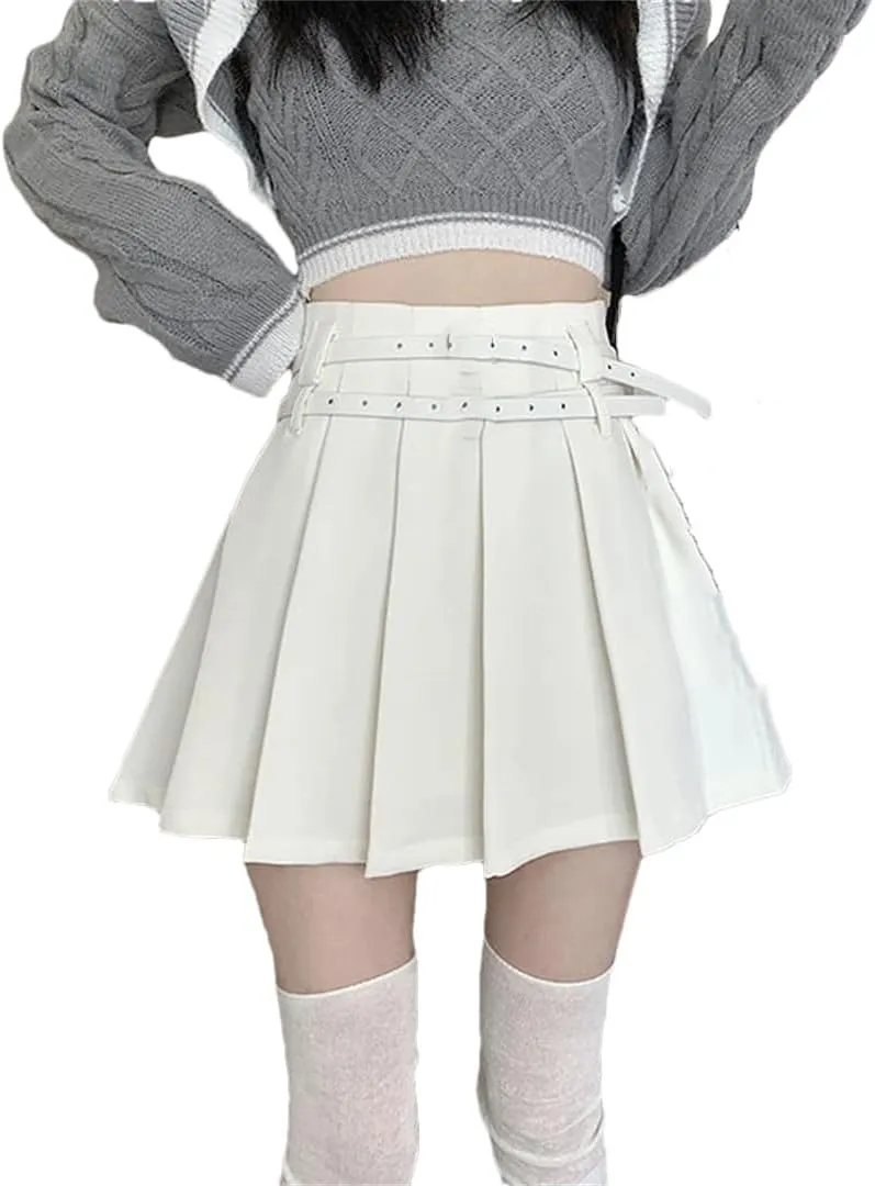 Women Spring Summer Pleated Sexy Mini Skirts High Waist Casual Golf Skirts with Double Belt