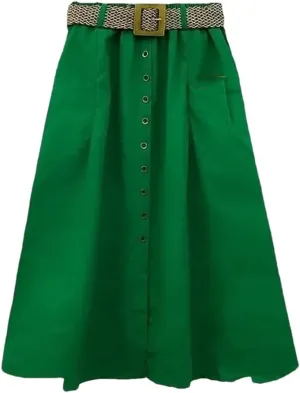 Women Spring Summer Washed Cotton Elastic High-Waist Skirt Pocket Belt Solid Long A-Line Split Hem Skirts