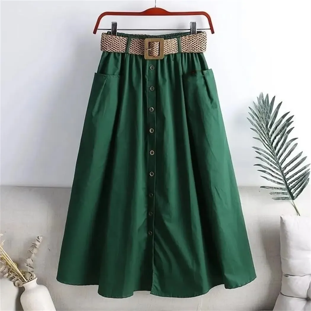 Women Spring Summer Washed Cotton Elastic High-Waist Skirt Pocket Belt Solid Long A-Line Split Hem Skirts