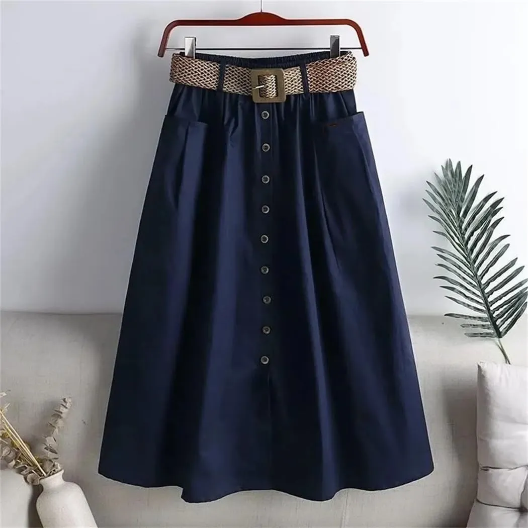 Women Spring Summer Washed Cotton Elastic High-Waist Skirt Pocket Belt Solid Long A-Line Split Hem Skirts