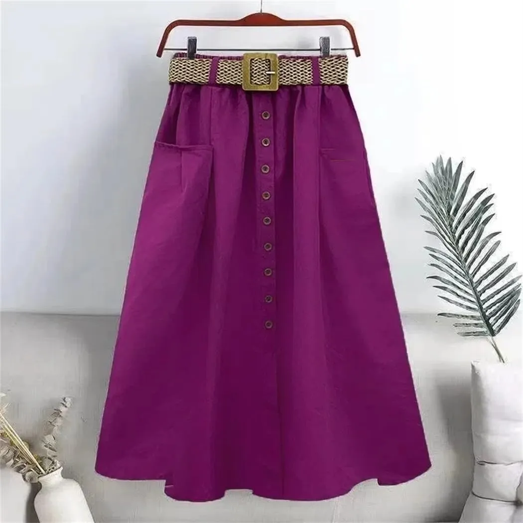 Women Spring Summer Washed Cotton Elastic High-Waist Skirt Pocket Belt Solid Long A-Line Split Hem Skirts