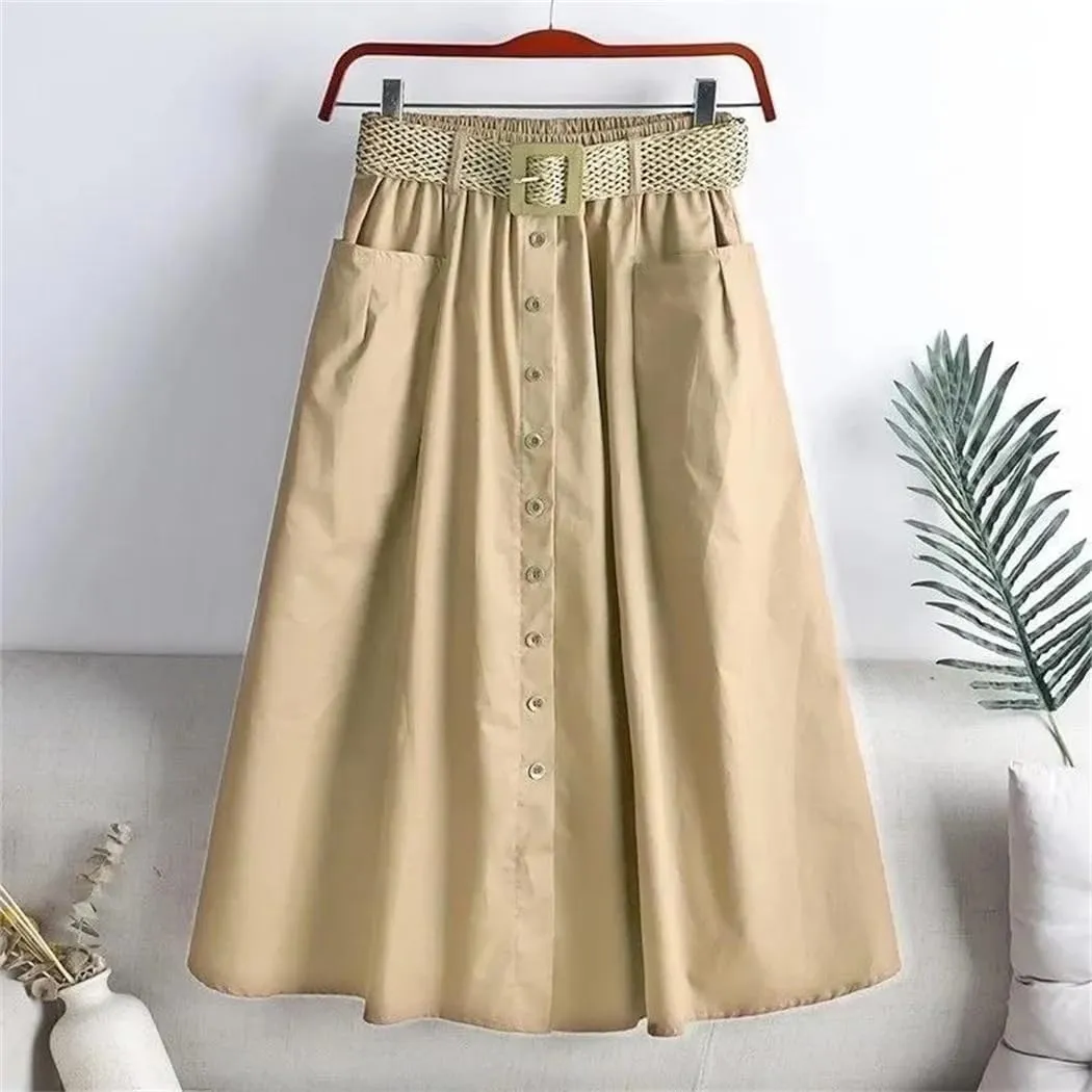 Women Spring Summer Washed Cotton Elastic High-Waist Skirt Pocket Belt Solid Long A-Line Split Hem Skirts