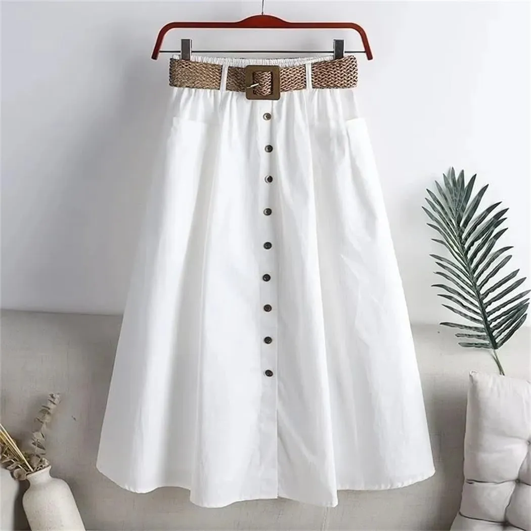 Women Spring Summer Washed Cotton Elastic High-Waist Skirt Pocket Belt Solid Long A-Line Split Hem Skirts