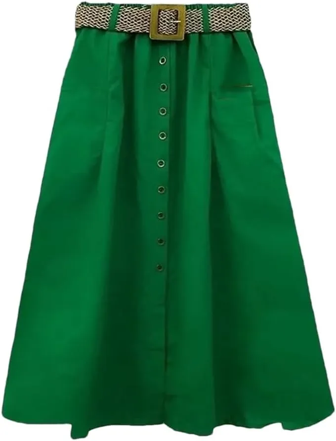 Women Spring Summer Washed Cotton Elastic High-Waist Skirt Pocket Belt Solid Long A-Line Split Hem Skirts