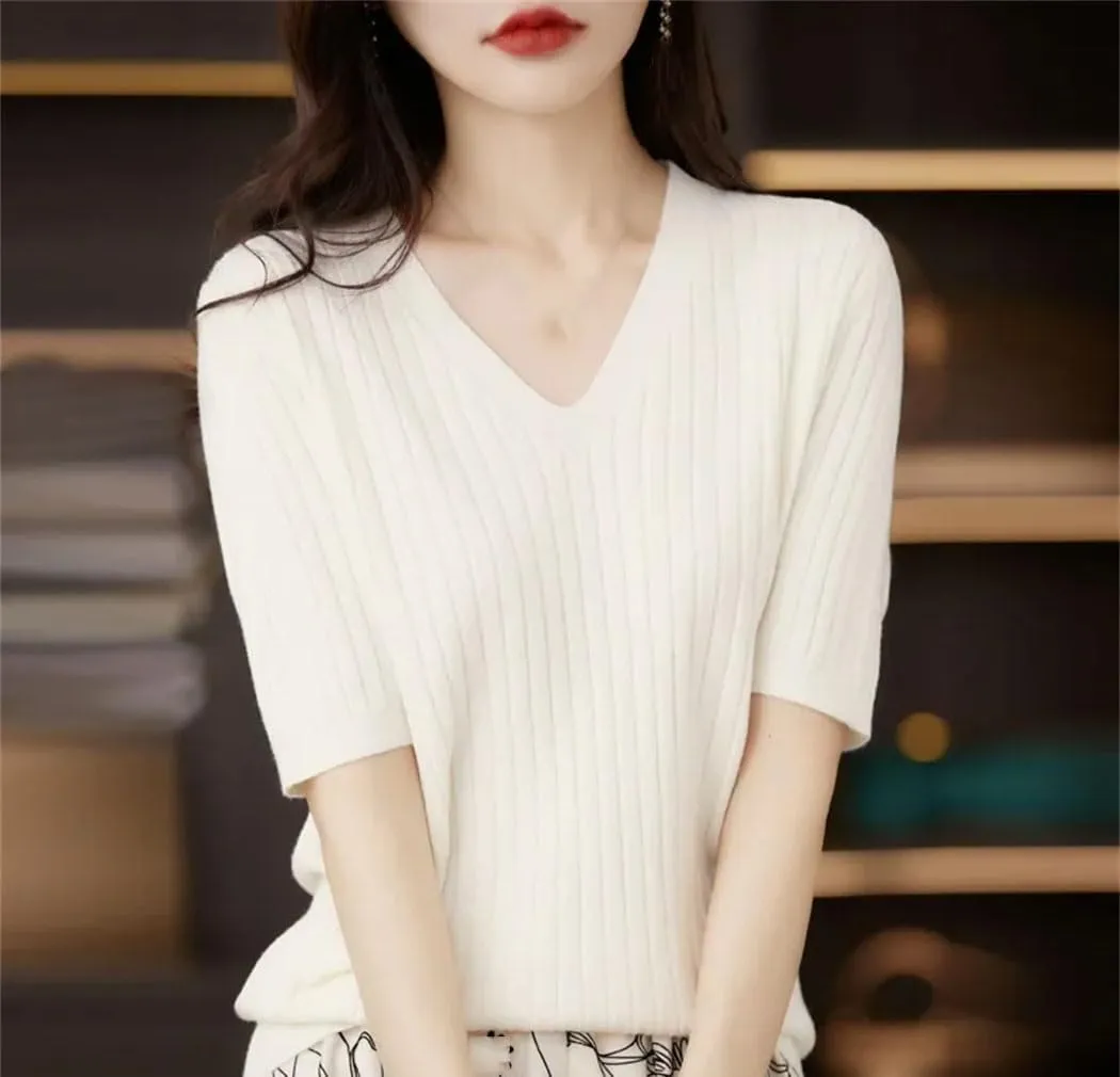 Women Sweater Short Sleeve V-Neck Stripe Slim Fit Korean Fashion Pullovers Thin Knit Bottoming Shirts