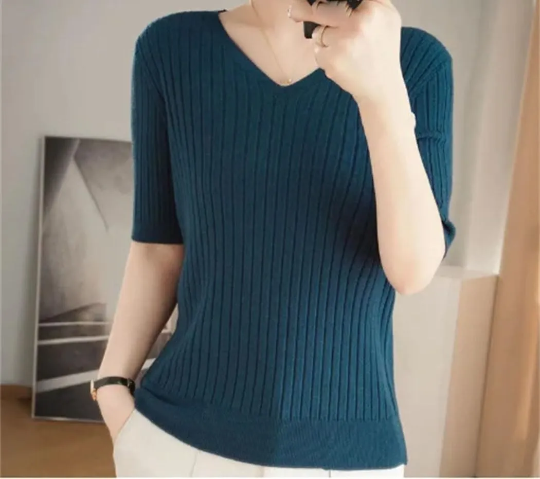 Women Sweater Short Sleeve V-Neck Stripe Slim Fit Korean Fashion Pullovers Thin Knit Bottoming Shirts