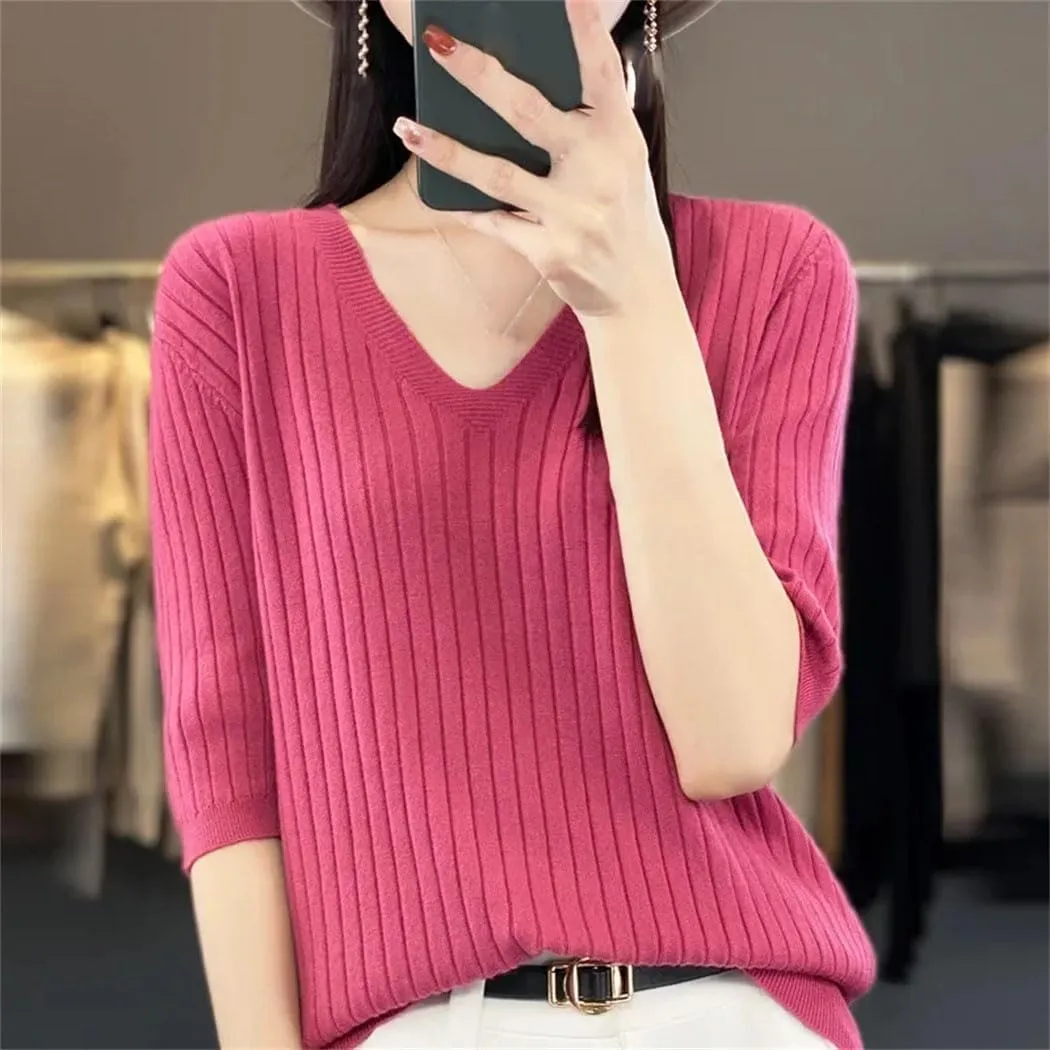 Women Sweater Short Sleeve V-Neck Stripe Slim Fit Korean Fashion Pullovers Thin Knit Bottoming Shirts