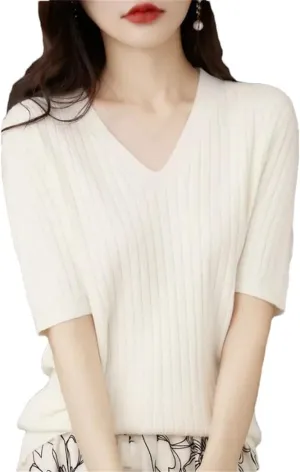 Women Sweater Short Sleeve V-Neck Stripe Slim Fit Korean Fashion Pullovers Thin Knit Bottoming Shirts
