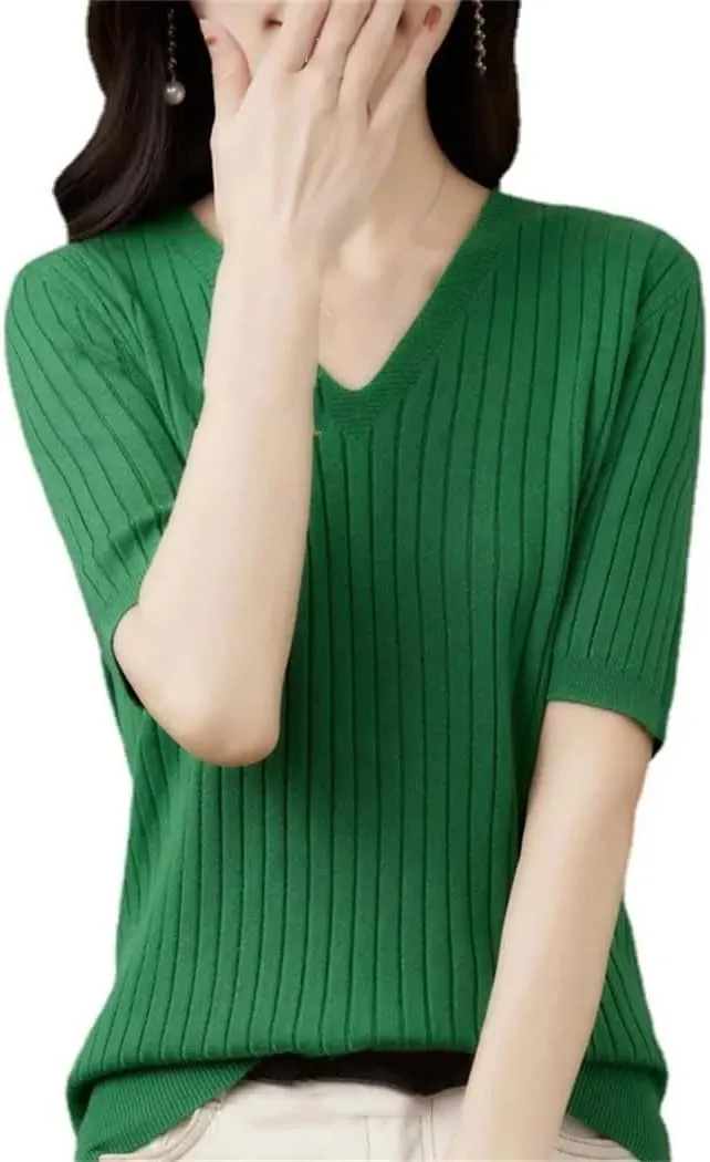 Women Sweater Short Sleeve V-Neck Stripe Slim Fit Korean Fashion Pullovers Thin Knit Bottoming Shirts