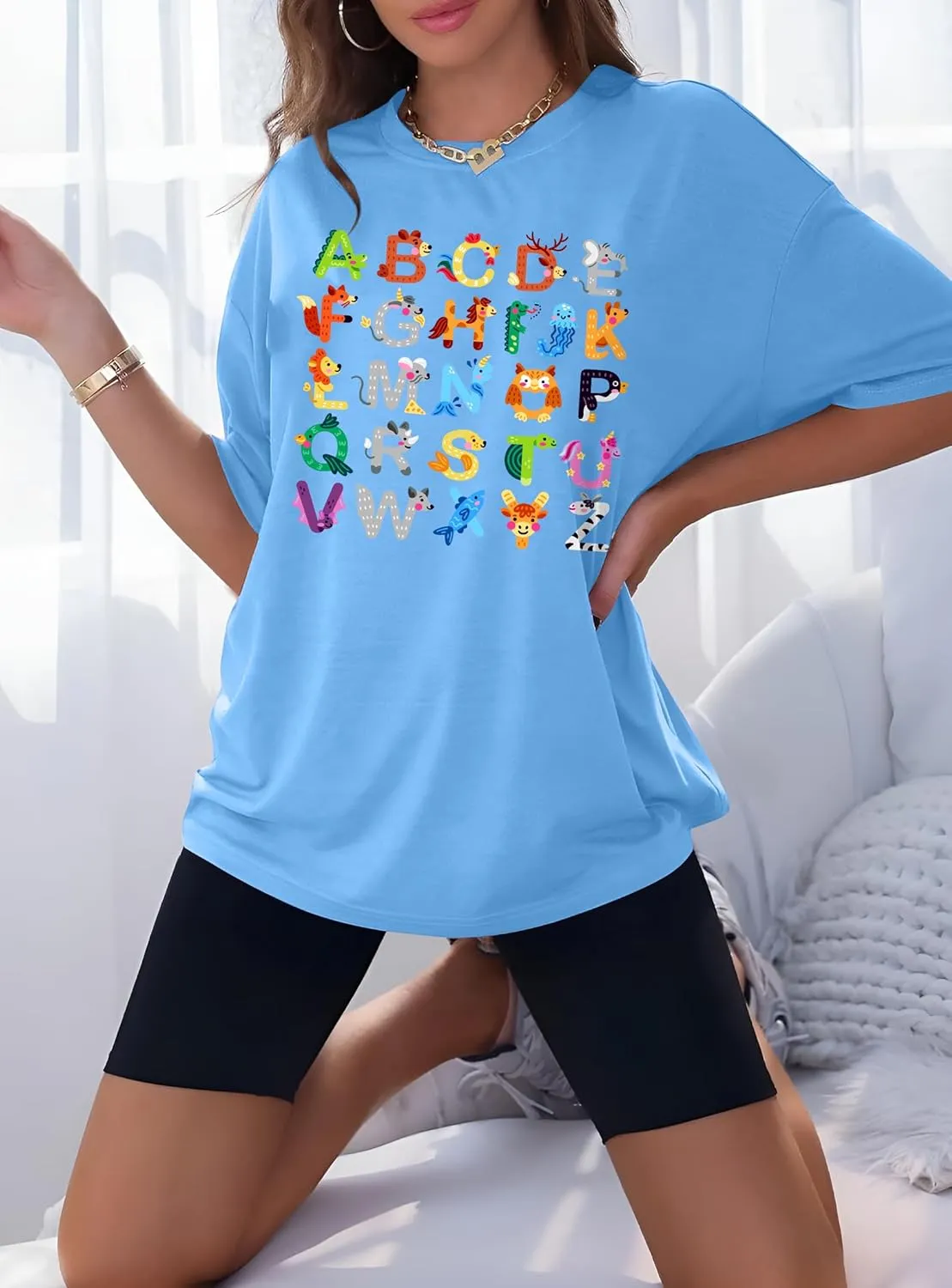 Women Teacher Shirts: ABCD Graphic Teacher Tshirt Oversized Teacher Gift Tees Teach Short Sleeve Tops