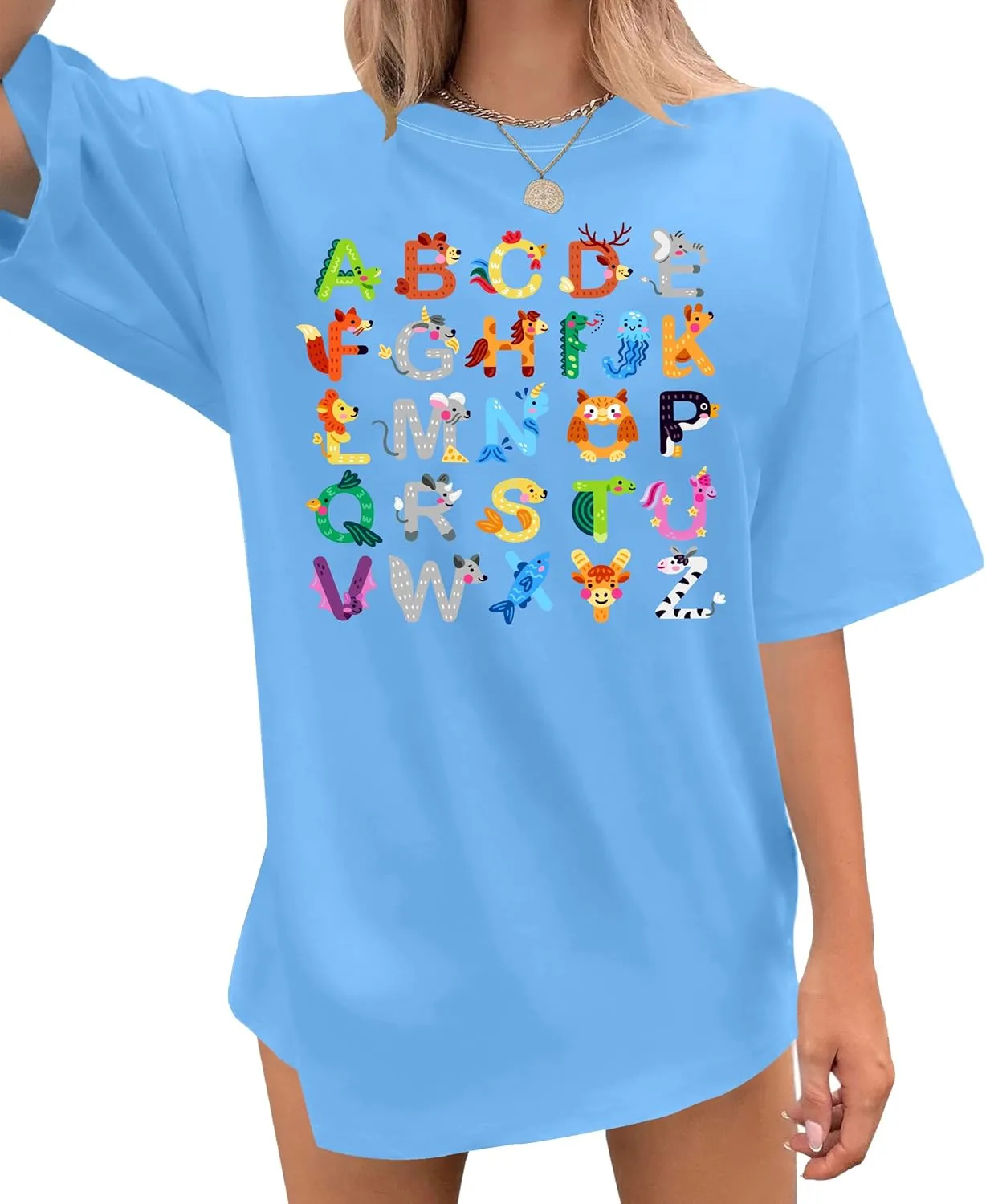 Women Teacher Shirts: ABCD Graphic Teacher Tshirt Oversized Teacher Gift Tees Teach Short Sleeve Tops