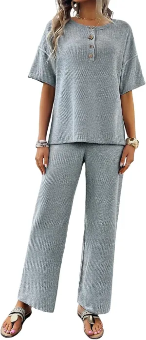 Women Two-Piece Knit Lounge Set Short Sleeve Top Button Detail Wide Leg Pants Versatile Casual Loungewear Outfit