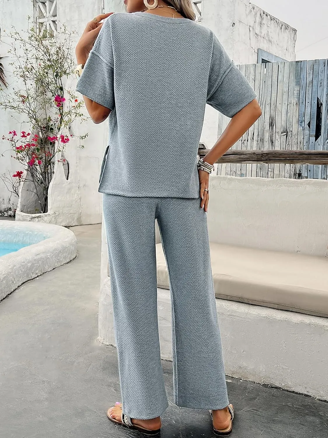Women Two-Piece Knit Lounge Set Short Sleeve Top Button Detail Wide Leg Pants Versatile Casual Loungewear Outfit