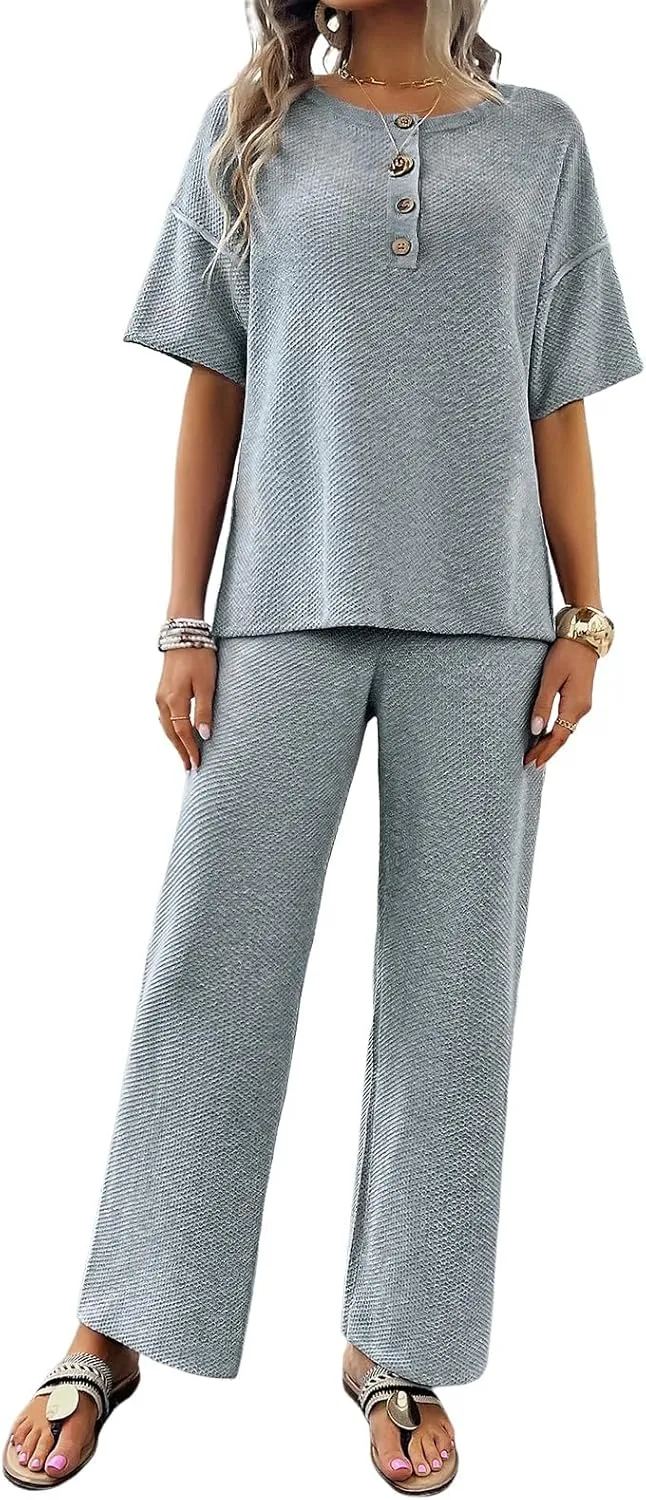 Women Two-Piece Knit Lounge Set Short Sleeve Top Button Detail Wide Leg Pants Versatile Casual Loungewear Outfit