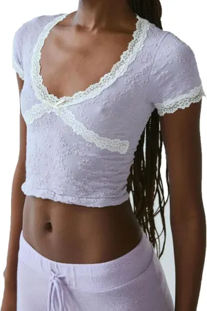 Women Y2k Lace Short Sleeve Shirt V Neck Low Cut Solid Color Cropped Shirts Slim Fitted Going Out Crop Tops