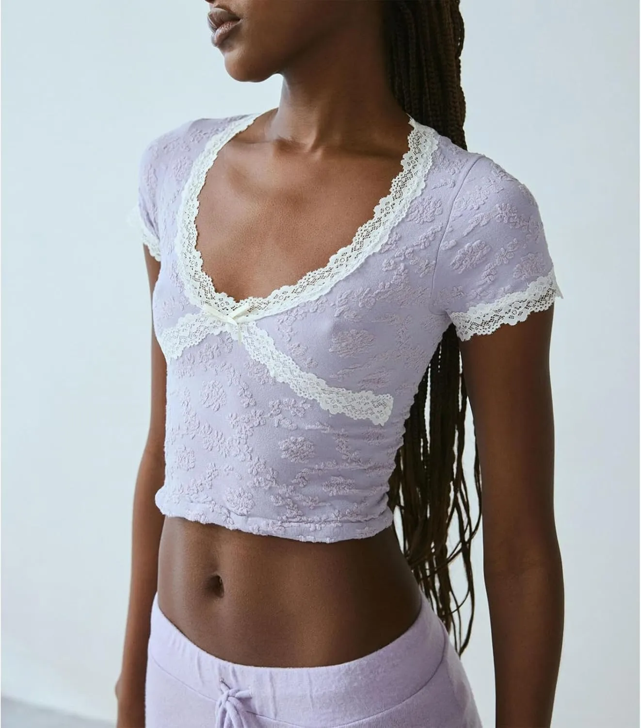 Women Y2k Lace Short Sleeve Shirt V Neck Low Cut Solid Color Cropped Shirts Slim Fitted Going Out Crop Tops