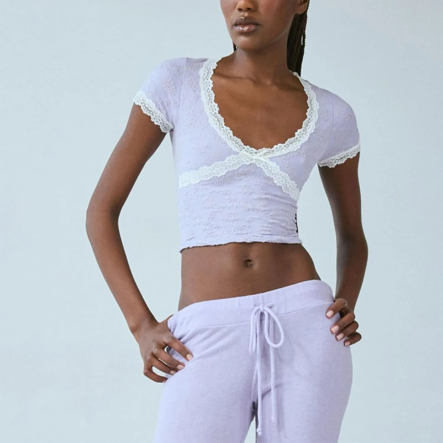 Women Y2k Lace Short Sleeve Shirt V Neck Low Cut Solid Color Cropped Shirts Slim Fitted Going Out Crop Tops
