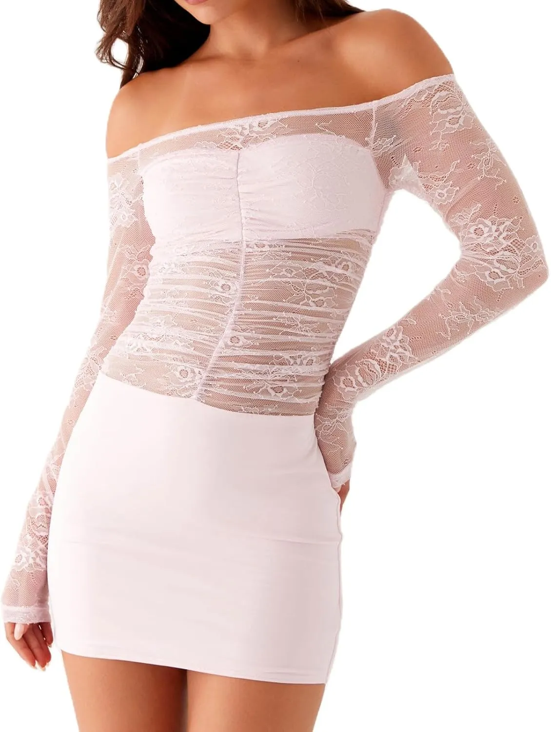 Women Y2K Off Shoulder Lace Mini Dress Sexy Long Sleeve Sheer Patchwork Bodycon Party Club Dress Evening Cocktail