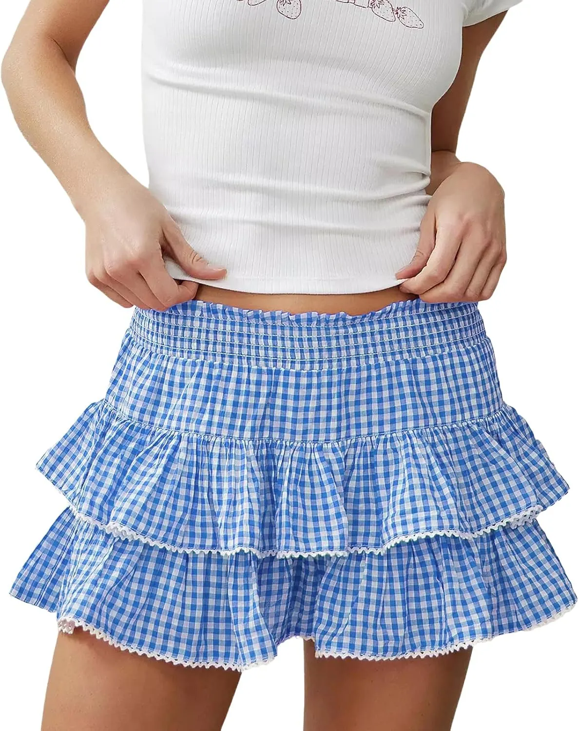 Women Y2K Plaid Tiered Mini Skirt Low Waist Lace Trim Gingham Pleated Short Skirt Cosplay Party Streetwear