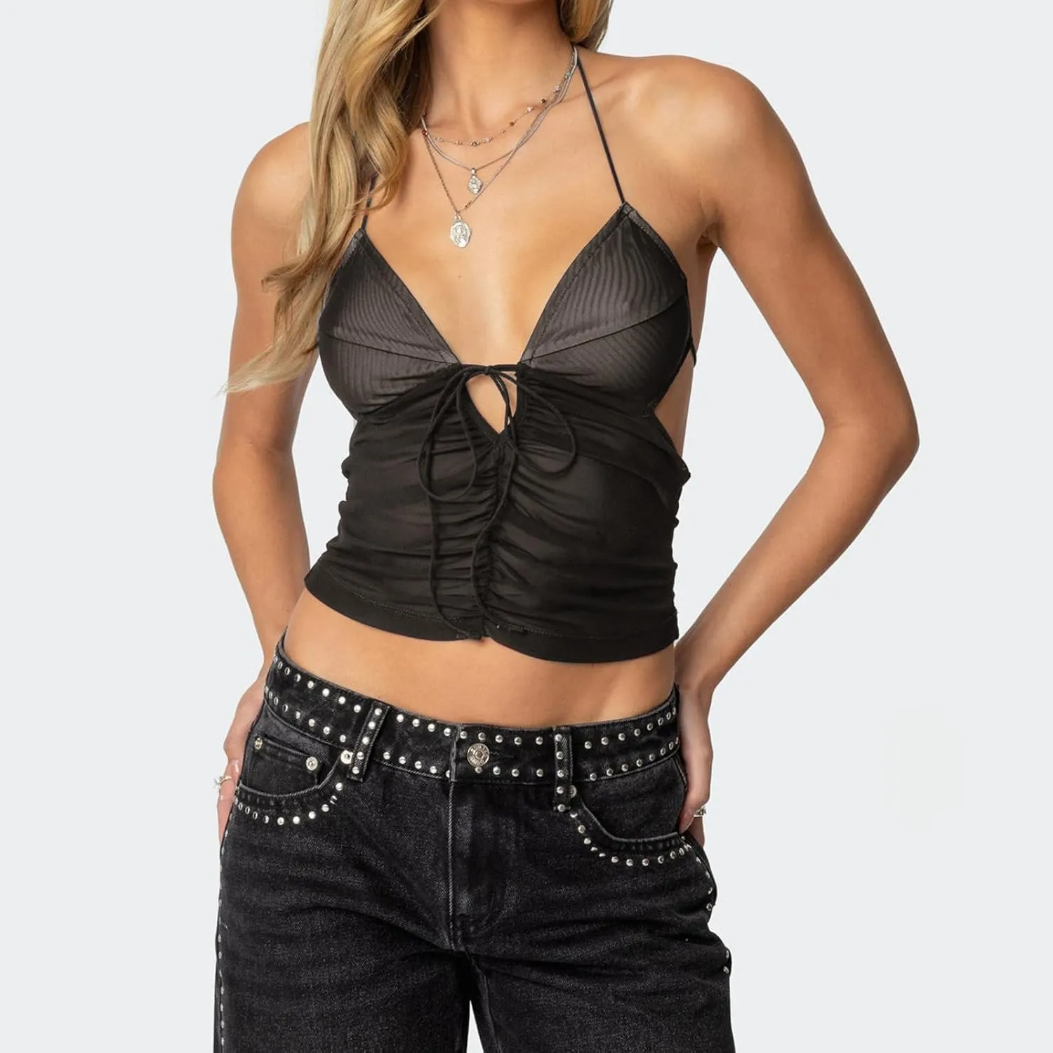 Women Y2k Tie Up Crop Top Sleeveless V Neck Ruched See Through Tanks Mesh Sheer Backless Slim Fit Halter Top