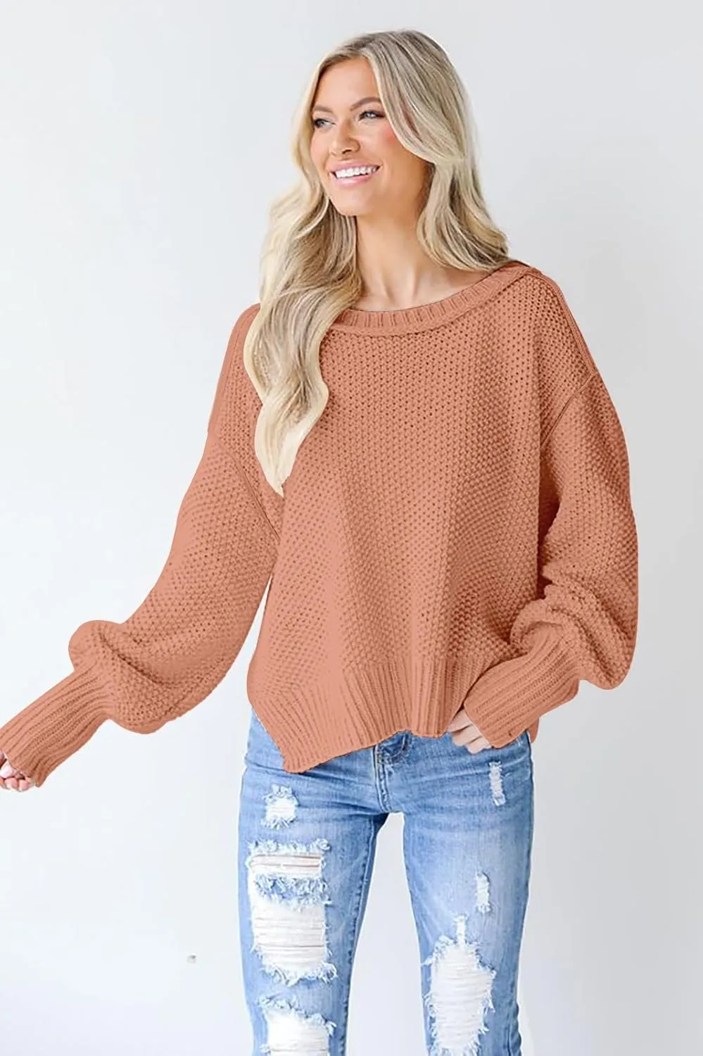 Women's 2024 Crewneck Long Sleeve Loose Oversized Chunky Knitted Pullover Sweater Jumper Tops